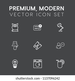 Modern, simple vector icon set on dark grey background with glasses, account, lightbulb, finance, table, drink, spy, watch, clean, furniture, electricity, currency, business, washer, laundry icons