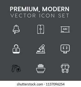 Modern, simple vector icon set on dark grey background with road, door, alert, alarm, science, dinner, open, house, lock, speed, key, cupboard, internet, blackboard, call, chalkboard, bus, ring icons