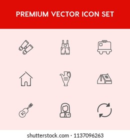 Modern, simple vector icon set on red background with job, jacket, window, equipment, concept, watch, wear, roof, building, protective, house, home, music, refresh, see, guitar, travel, musical icons