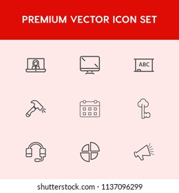 Modern, simple vector icon set on red background with equipment, voice, chart, support, digital, graph, online, computer, lock, electronic, old, vintage, shovel, schedule, black, day, blackboard icons