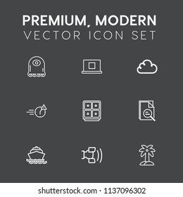 Modern, simple vector icon set on dark grey background with sea, internet, user, sign, bank, stress, funny, water, tropical, monster, night, character, time, office, cartoon, tool, profile, boat icons