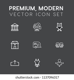 Modern, simple vector icon set on dark grey background with camera, download, web, van, transport, fight, movie, furniture, architecture, estate, place, retro, film, travel, transportation, seat icons