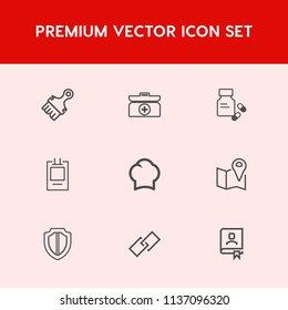 Modern, simple vector icon set on red background with label, protection, web, emergency, badge, pill, sign, box, protect, food, aid, location, banner, contact, cross, link, chef, security, map,  icons