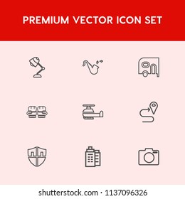 Modern, simple vector icon set on red background with music, protect, electric, helicopter, sound, equipment, transportation, air, musical, building, illumination, trumpet, aviation, fight, road icons