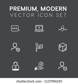 Modern, simple vector icon set on dark grey background with notebook, beach, product, ocean, security, pictogram, lock, surfer, internet, sign, communication, message, money, unlock, summer, box icons