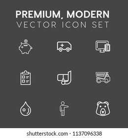 Modern, simple vector icon set on dark grey background with payment, money, medical, dumper, dump, emergency, credit, wild, people, grizzly, checklist, water, investment, check, nature, liquid icons