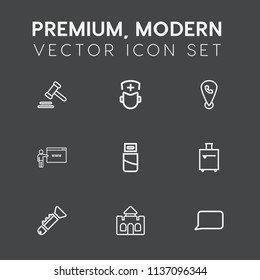 Modern, simple vector icon set on dark grey background with speech, professional, architecture, medieval, bugle, trial, castle, location, trip, legal, internet, jazz, lawyer, technology, mobile icons