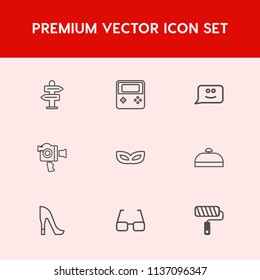 Modern, simple vector icon set on red background with style, emotion, button, street, arrow, mask, sign, video, film, web, eyeglasses, chat, trip, handle, technology, background, brush, party icons