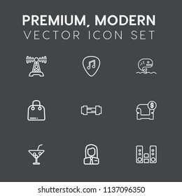 Modern, simple vector icon set on dark grey background with couch, workout, furniture, food, buy, employer, summer, business, glass, fish, sport, station, white, equipment, play, cocktail, music icons