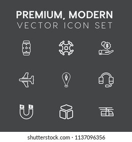 Modern, simple vector icon set on dark grey background with airplane, watch, transportation, technology, propeller, support, blue, train, square, travel, control, minute, remote, hour, headset icons