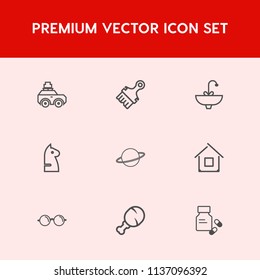 Modern, simple vector icon set on red background with snack, luggage, water, tourism, estate, sink, planet, space, game, astronomy, fast, journey, vitamin, eye, tap, optical, transportation, bag icons