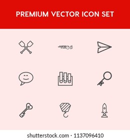 Modern, simple vector icon set on red background with send, boat, paddle, ball, river, medical, canoe, equipment, phone, bubble, sea, spaceship, water, smartphone, key, house, research, door icons