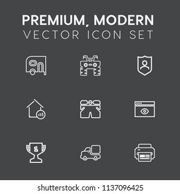 Modern, simple vector icon set on dark grey background with van, computer, car, printer, place, price, quad, safety, browser, protection, transportation, shield, road, template, achievement, atv icons
