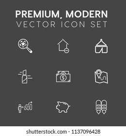 Modern, simple vector icon set on dark grey background with cardboard, cash, location, property, box, room, house, makeup, summer, map, beauty, bank, finance, camp, travel, coin, look, landscape icons