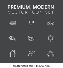 Modern, simple vector icon set on dark grey background with city, electric, structure, people, electricity, hand, trumpet, plug, work, company, business, home, construction, drill, machine, bus icons