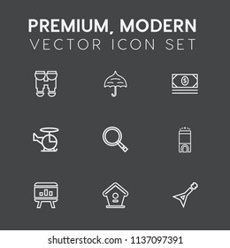 Modern, simple vector icon set on dark grey background with aircraft, technology, object, money, weather, parasol, season, protection, instrument, guitar, view, air, optical, room, white, sign icons
