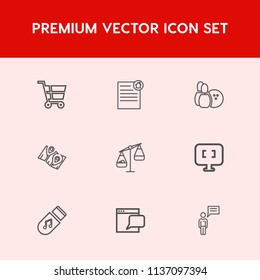 Modern, simple vector icon set on red background with cart, business, communication, computer, road, refreshment, agent, retail, scale, document, balance, pc, chat, laptop, pin, competition, fun icons