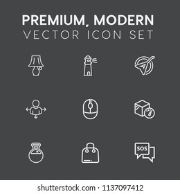 Modern, simple vector icon set on dark grey background with buy, box, beach, computer, technology, fashion, furniture, click, sea, sos, bulb, table, sign, desk, road, tool, medicine, light, lamp icons