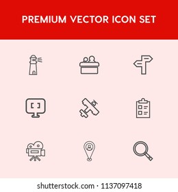 Modern, simple vector icon set on red background with pc, speech, arrow, lighthouse, water, meeting, travel, internet, computer, way, laptop, mark, flight, seminar, pin, coast, audience, camera icons