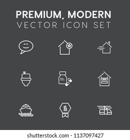 Modern, simple vector icon set on dark grey background with medicine, restroom, achievement, sea, pharmacy, store, bathroom, boat, yacht, train, supermarket, first, talk, award, home, blue, cart icons