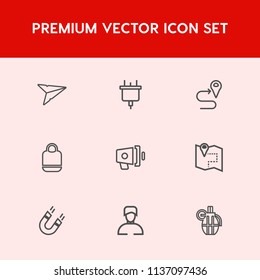 Modern, simple vector icon set on red background with announcement, message, location, man, navigation, send, power, web, leather, map, megaphone, loud, weapon, electrical, loudspeaker, outlet icons