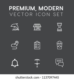 Modern, simple vector icon set on dark grey background with ocean, road, pub, dolphin, notification, coffee, estate, cup, bar, cafe, window, house, light, tick, building, mark, animal, table icons