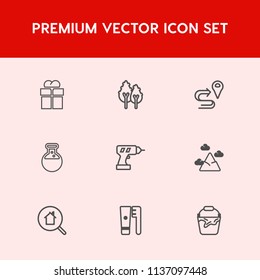 Modern, simple vector icon set on red background with present, hygiene, giftbox, location, search, blue, brush, estate, work, tree, hand, clean, online, forest, technology, machine, environment icons