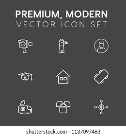 Modern, simple vector icon set on dark grey background with board, van, camcorder, profile, lighthouse, media, estate, video, dollar, film, extreme, business, architecture, camera, education, tv icons