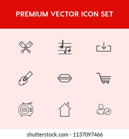Modern, simple vector icon set on red background with arrow, download, oar, hamburger, lettuce, boat, technology, music, website, paddle, treble, architecture, note, estate, cart, house, retail icons