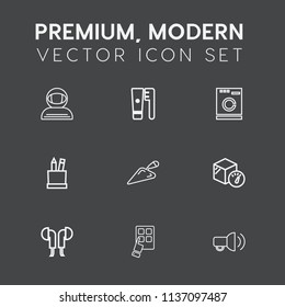 Modern, simple vector icon set on dark grey background with stationery, health, toothpaste, communication, care, cosmos, mobile, astronaut, device, music, clean, shovel, appliance, box, universe icons