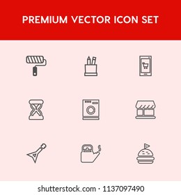 Modern, simple vector icon set on red background with kettle, repair, appliance, shop, white, tool, education, hot, timer, kitchen, roller, wall, housework, app, guitar, mobile, technology, sand icons