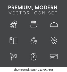 Modern, simple vector icon set on dark grey background with hot, web, wood, device, mouse, tape, space, soup, computer, dish, download, white, book, cuisine, audio, cassette, vegetarian, nature icons