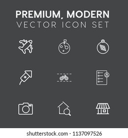 Modern, simple vector icon set on dark grey background with science, home, galaxy, document, south, online, human, background, moon, bike, airplane, business, wheel, plane, cycle, travel, event icons