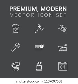 Modern, simple vector icon set on dark grey background with cafe, cash, coin, music, machine, money, transport, hot, stationery, tool, map, cappuccino, caffeine, retro, train, gramophone, travel icons