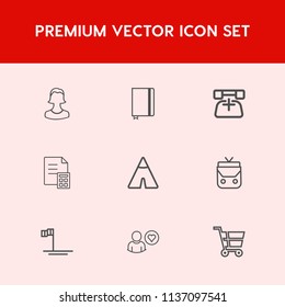 Modern, simple vector icon set on red background with cart, banking, object, leather, fashion, outdoor, phone, profile, bag, contact, baja, style, mexico, telephone, camp, retail, ocean, human icons