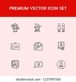 Modern, simple vector icon set on red background with security, name, people, bank, unlock, hotel, door, address, grilled, safe, chat, contact, disturb, girl, identity, food, sign, meat, office icons
