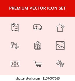Modern, simple vector icon set on red background with salon, retail, cart, pitch, home, city, pin, navigation, photography, apartment, hairdresser, emergency, loan, photo, scenery, landlord, gps icons
