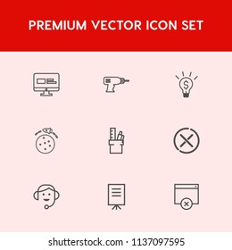 Modern, simple vector icon set on red background with tool, sign, presentation, stationery, table, concept, cancel, travel, computer, meeting, hand, desk, internet, paper, businessman, shuttle icons