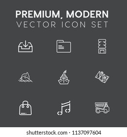 Modern, simple vector icon set on dark grey background with sound, cold, dolphin, retail, website, drink, vehicle, sale, cooler, download, cool, file, road, wildlife, dumper, music, truck, map,  icons