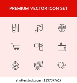 Modern, simple vector icon set on red background with care, screen, safety, paste, lens, microphone, tv, retro, camera, north, toothbrush, south, protect, dental, graphic, direction, sign, sky icons