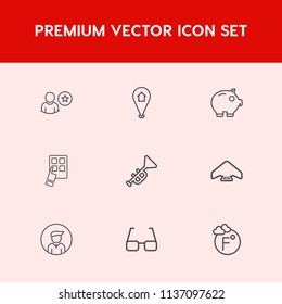 Modern, simple vector icon set on red background with web, internet, economy, sign, man, eye, business, navigation, device, eyeglasses, parachute, map, scale, bank, trumpet, travel, social, cash icons