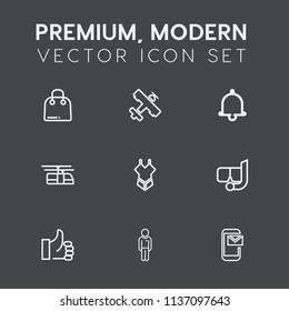 Modern, simple vector icon set on dark grey background with boy, buy, mask, air, swimsuit, up, airplane, alert, sea, man, snorkel, paper, plane, success, train, mail, bell, summer, email, water icons