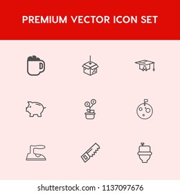 Modern, simple vector icon set on red background with housework, flag, cup, cappuccino, construction, hot, college, coin, astronaut, bathroom, download, iron, finance, upload, school, box, money icons