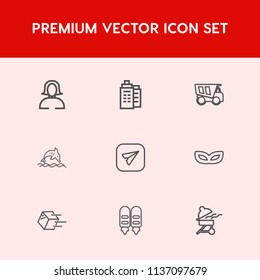 Modern, simple vector icon set on red background with package, girl, beauty, carnival, internet, vehicle, architecture, estate, real, dolphin, transportation, city, portrait, shipment, woman,  icons