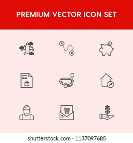 Modern, simple vector icon set on red background with life, notebook, retail, water, navigation, position, receipt, summer, transport, money, fly, worker, map, location, direction, increase, sea icons