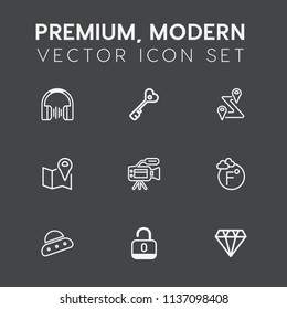 Modern, simple vector icon set on dark grey background with tripod, safe, scale, gem, fahrenheit, ufo, navigation, route, map, sign, technology, road, door, spaceship, camera, open, jewelry, pin icons