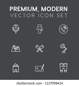Modern, simple vector icon set on dark grey background with house, location, music, light, pen, electricity, karaoke, song, circle, microphone, studio, desk, ring, equipment, home, call, water icons