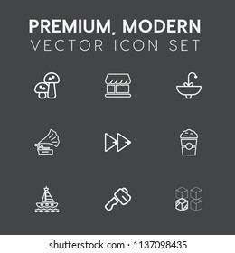 Modern, simple vector icon set on dark grey background with vegetable, replacement, tool, relocation, button, yacht, front, record, champignon, shop, vegetarian, cup, hammer, edible, natural icons