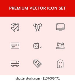 Modern, simple vector icon set on red background with music, transport, fashion, friction, modern, electronic, halloween, plane, sewing, earphone, monitor, flight, aircraft, machine, air, device icons