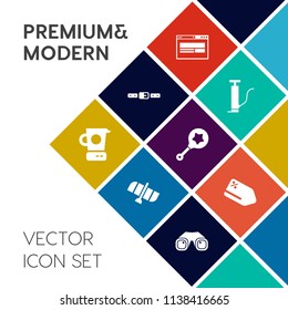 Modern, simple vector icon set on colorful flat background with internet, discount, science, pump, international, spaceship, technology, computer, tag, mixer, toy, kitchen, web, child, satellite icons